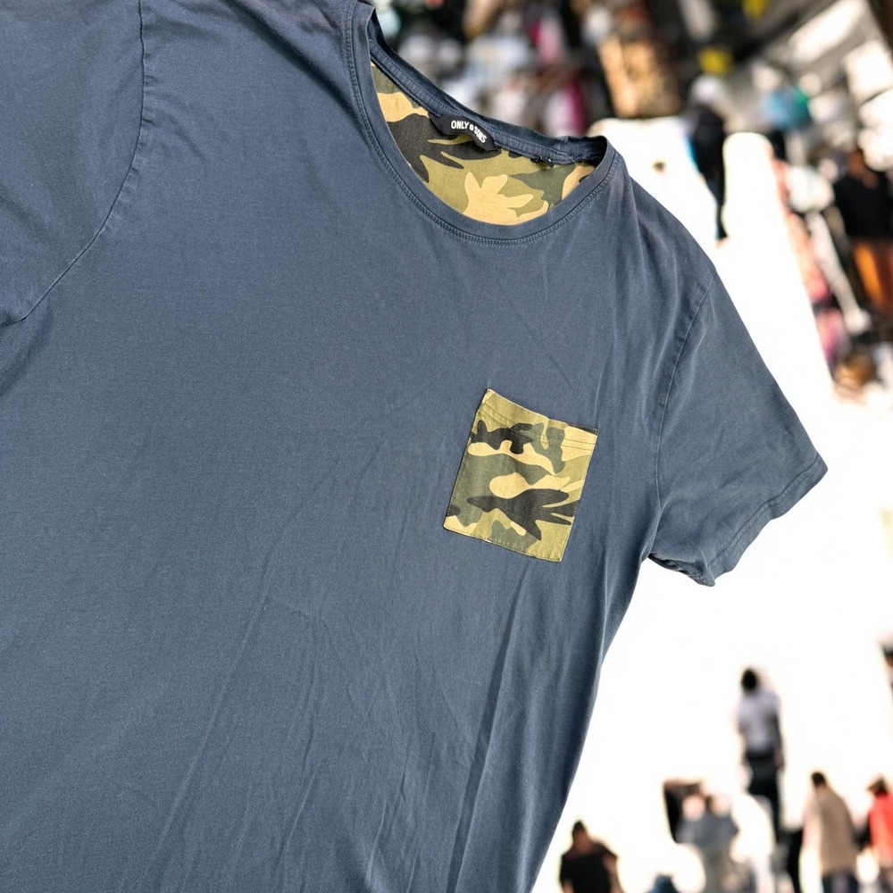 Only & Sons T-Shirt Mens XL Blue Camo Pocket Casual Short Sleeve Crew Neck Tee